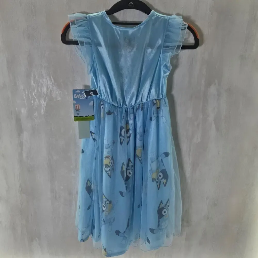 Bluey Gown Girls S 6/6X Blue Tulle Nightgown Flame Resistant Cartoon Sleepwear